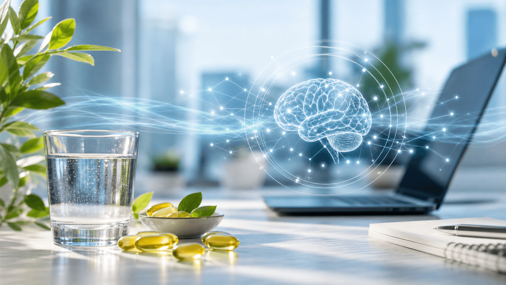 B vitaminleri ve günlük zihinsel performans temasını anlatan modern masa, su ve takviye görseli