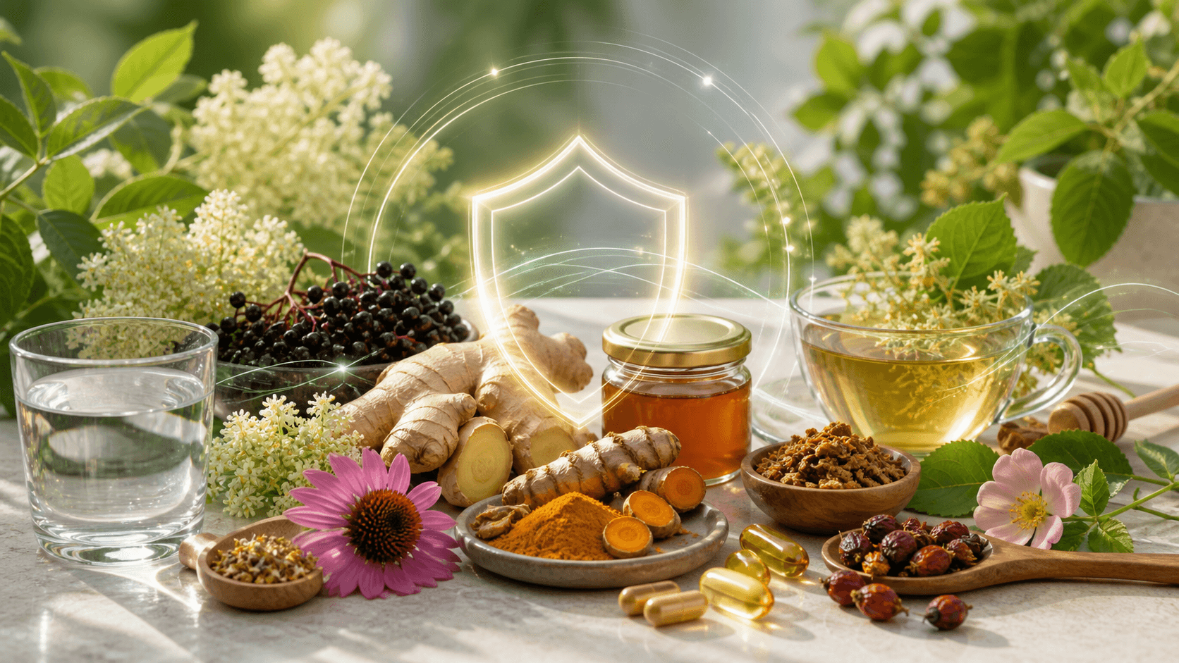 Bağışıklık ve denge temasını anlatan zencefil, zerdeçal, kara mürver, propolis, ekinezya ve vitamin içerikleri görseli
