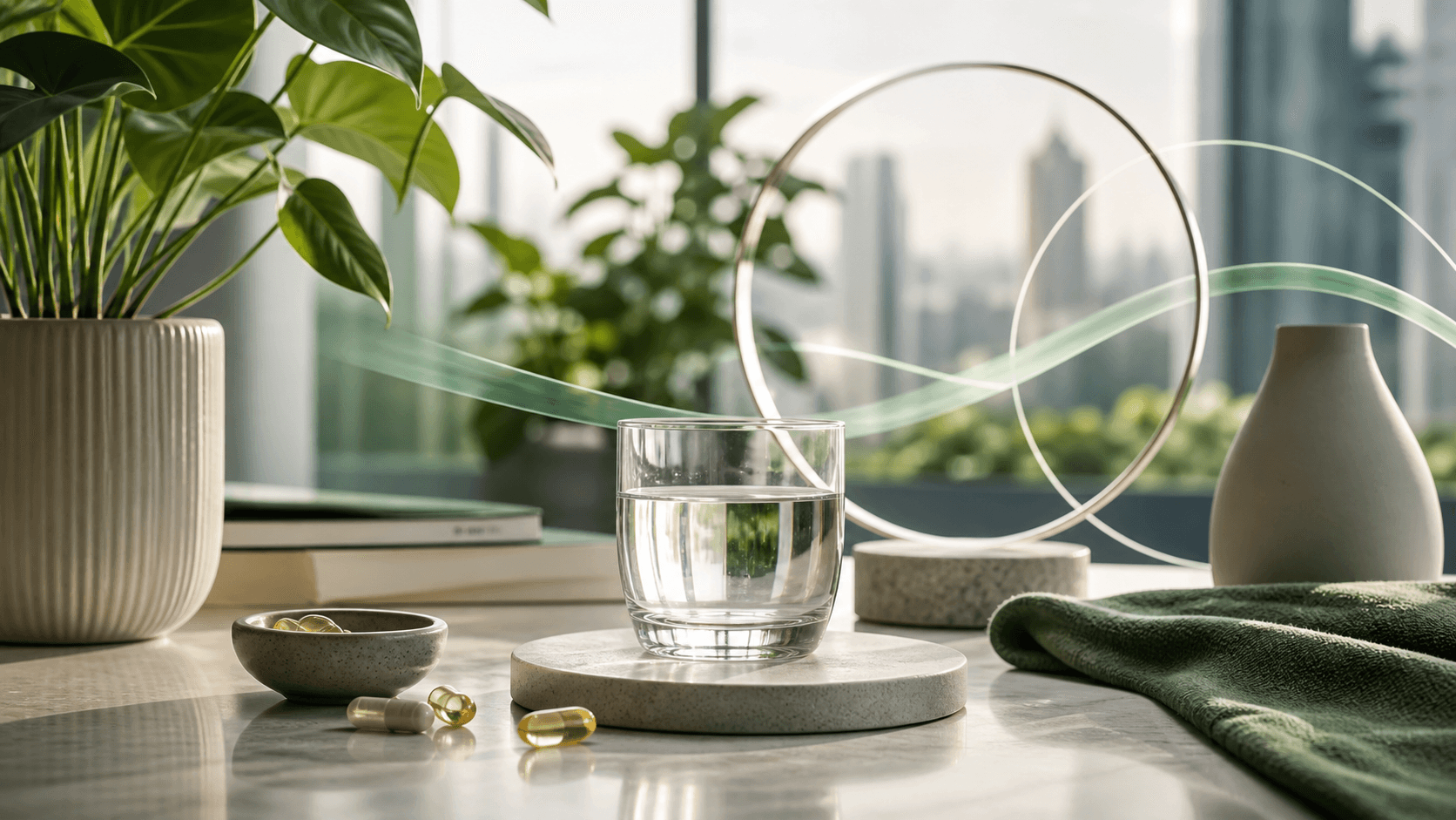 Premium wellness yaşam kültürünü anlatan sakin iç mekan, su, bitki ve denge halkaları görseli