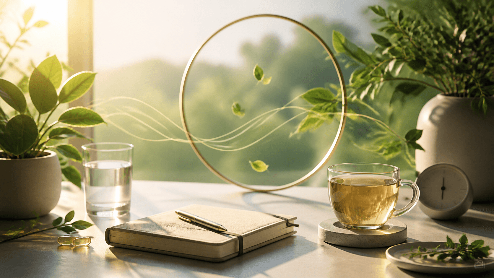 Wellness rutinleri temasını anlatan sakin sabah rutini, bitki, su ve defter görseli
